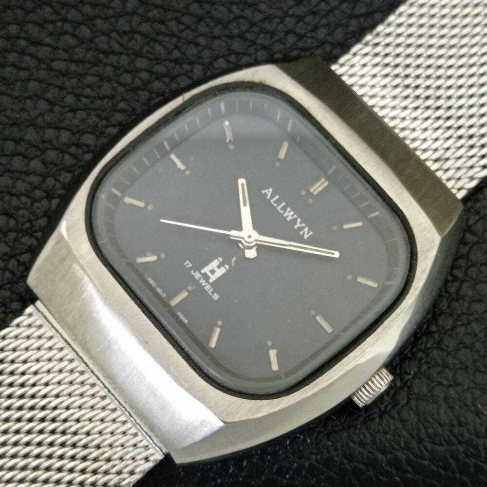 Vintage 1983 Allwyn Manual Mens Silver Watch W/Metal Strap & Blue accents - Picture 6 of 9